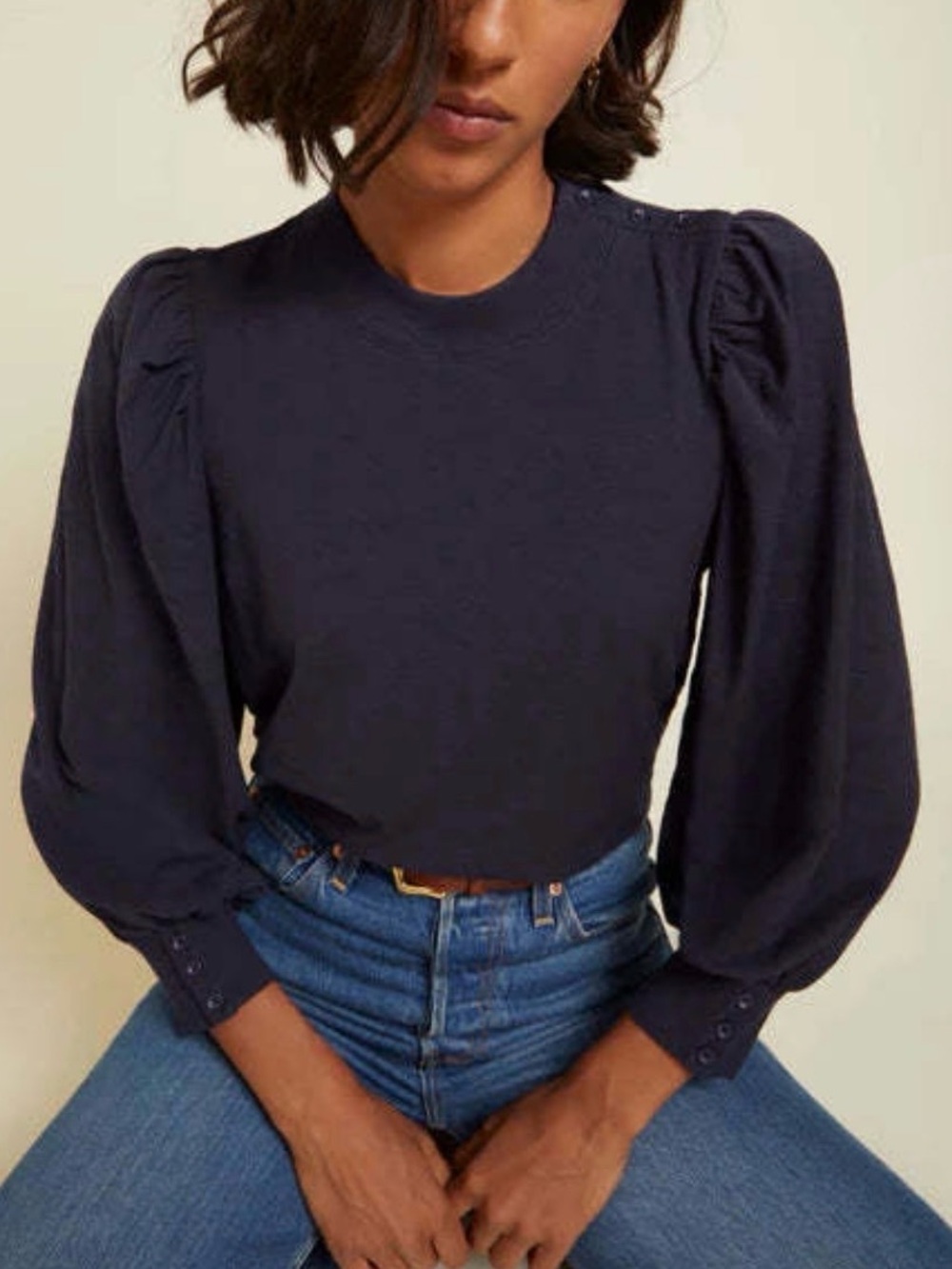 Nation LTD Britton Button Cuff Tee Navy Blue Cotton Slub Tee Puff Sleeves Large